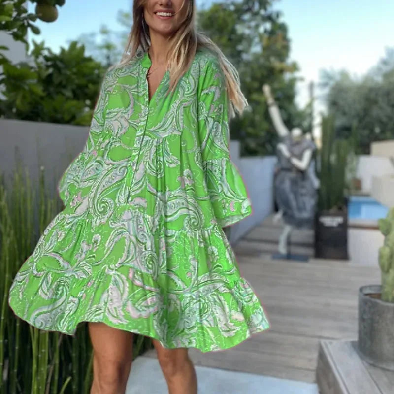 Theodelinda  - Korte zomerjurk met print en volantzoom