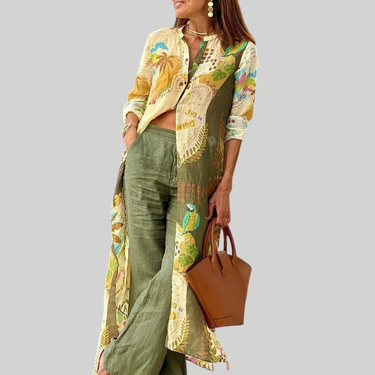 Jalila - Dames set met wijde broek en lange blouse met tropisch motief