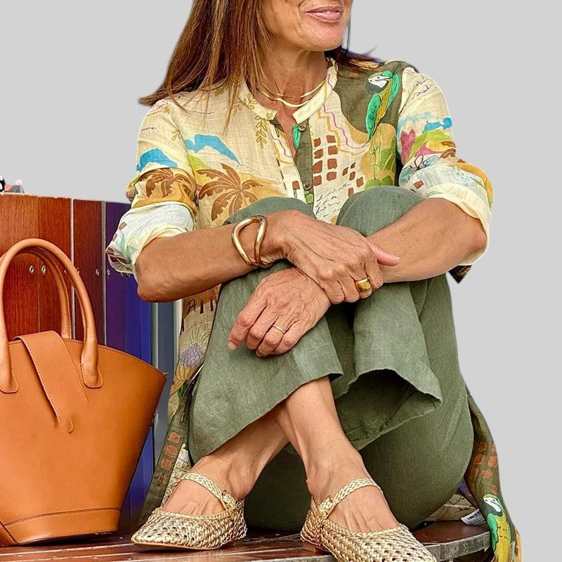 Jalila - Dames set met wijde broek en lange blouse met tropisch motief
