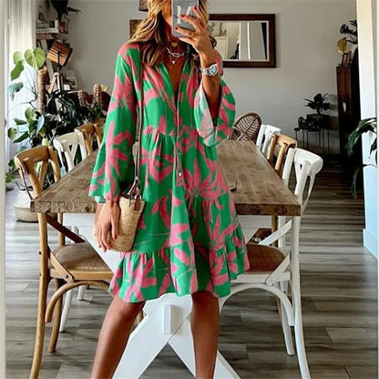 Theodelinda  - Korte zomerjurk met print en volantzoom