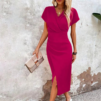 Antonette – Midi wikkeljurk met korte mouwen en split voor dames