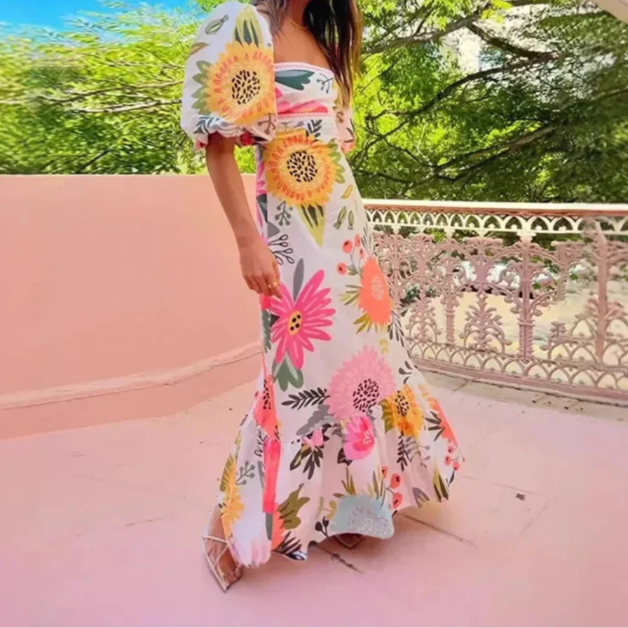 Annette - Maxi zomerjurk met pofmouwen en vierkante hals voor dames