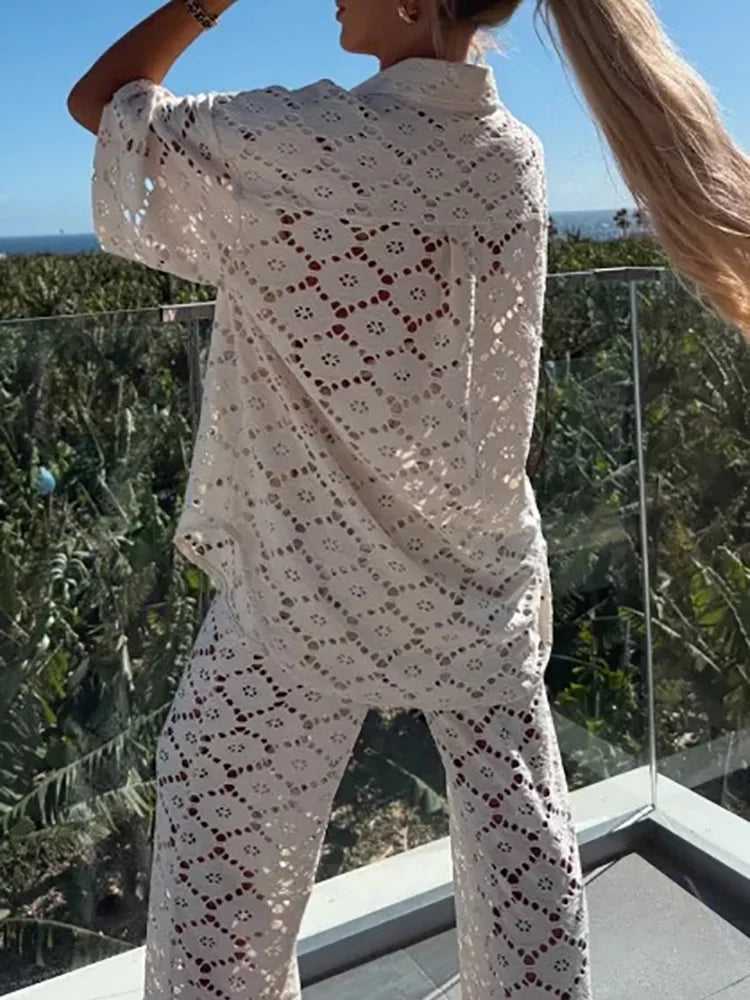 Ranya - Dames set met opengewerkte top en rechte broek