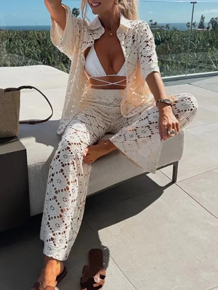 Ranya - Dames set met opengewerkte top en rechte broek