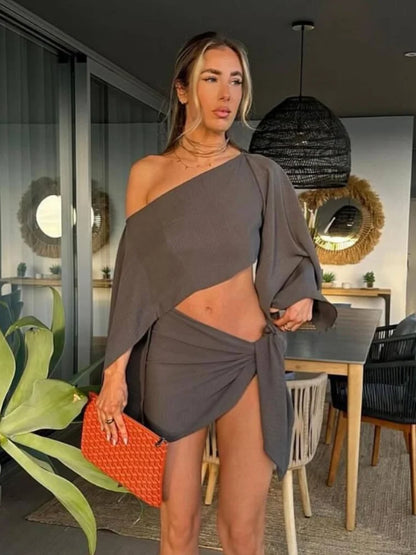 Mariz - Tweedelige dames set met off-shoulder top en gedrapeerde rok
