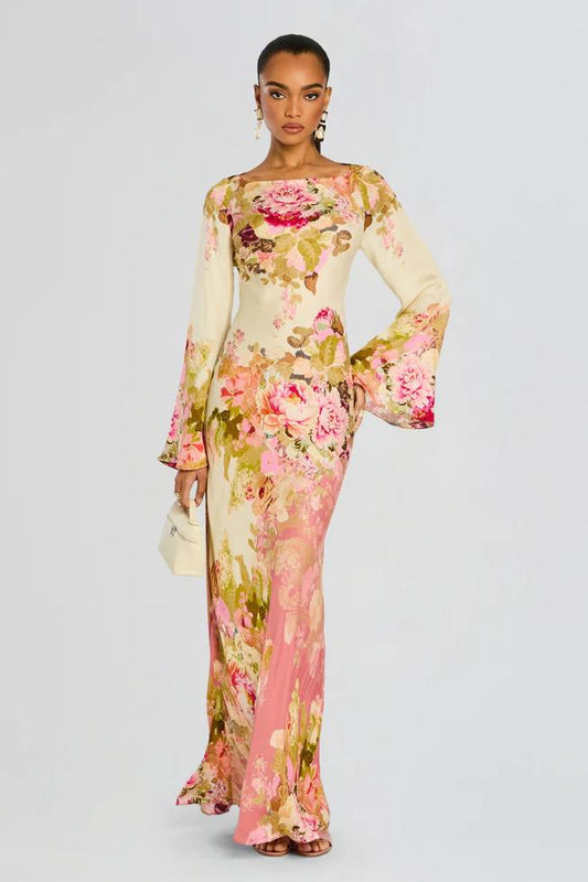 Modesta - Lange damesjurk met wijde mouwen en bloemenprint