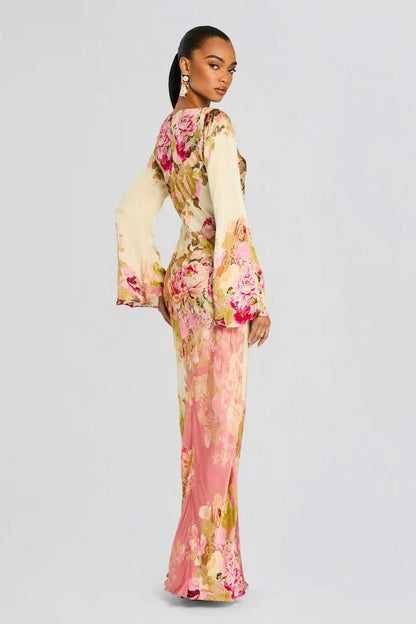 Modesta - Lange damesjurk met wijde mouwen en bloemenprint