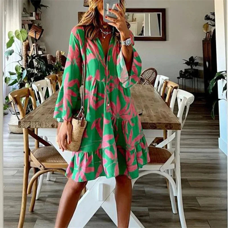Theodelinda  - Korte zomerjurk met print en volantzoom