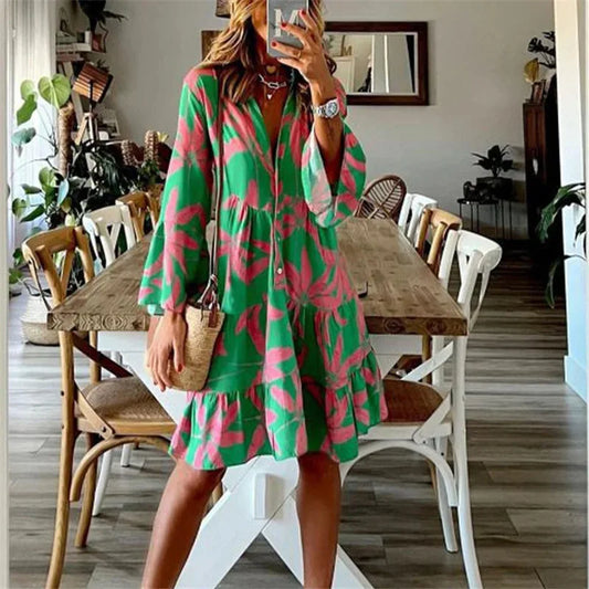 Theodelinda  - Korte zomerjurk met print en volantzoom