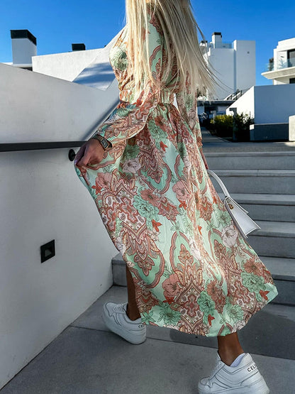 Sammy - Fleurige Midi jurk met print en split ibiza stijl