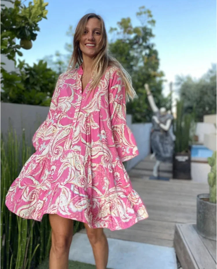 Theodelinda  - Korte zomerjurk met print en volantzoom