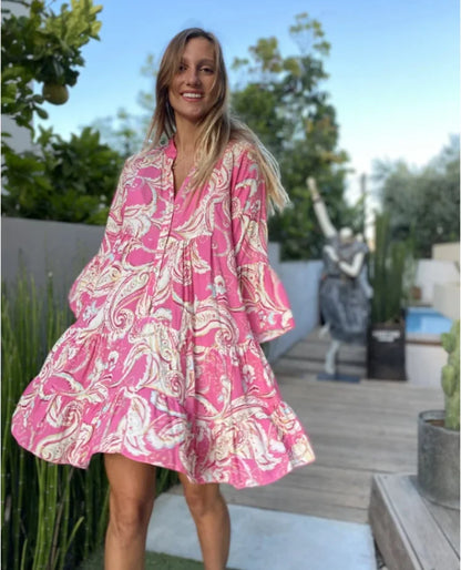 Theodelinda  - Korte zomerjurk met print en volantzoom