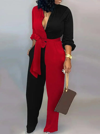 Aessia – Wijde damesjumpsuit met strikceintuur en diepe halslijn
