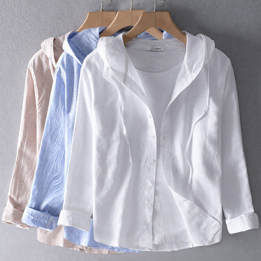 Greta - Gestreepte damesblouse met capuchon en knoopsluiting