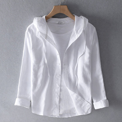 Greta - Gestreepte damesblouse met capuchon en knoopsluiting