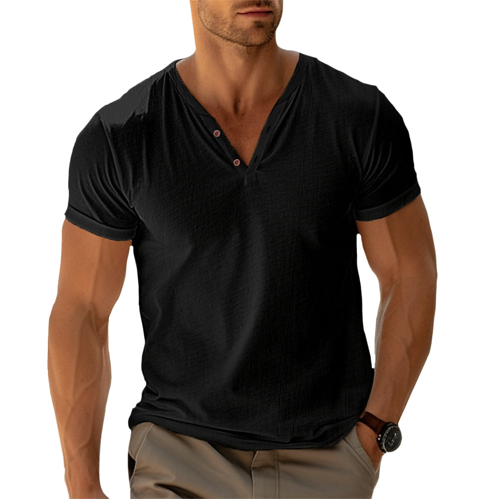 Amaury - Heren t-shirt met v-hals en knoopdetail