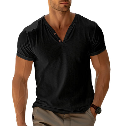 Amaury - Heren t-shirt met v-hals en knoopdetail