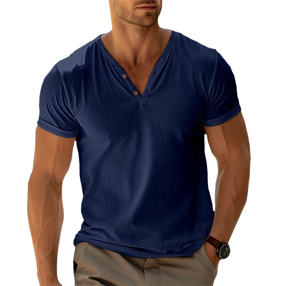 Amaury - Heren t-shirt met v-hals en knoopdetail