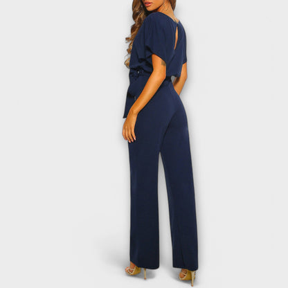 Raluca - Wijde damesjumpsuit met strikceintuur en korte mouwen