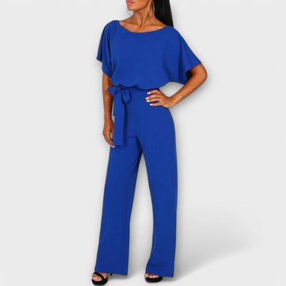Raluca - Wijde damesjumpsuit met strikceintuur en korte mouwen