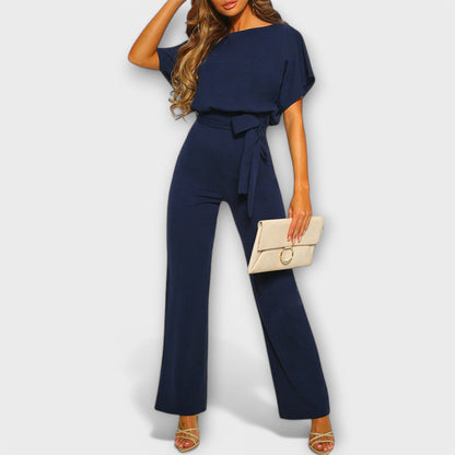 Raluca - Wijde damesjumpsuit met strikceintuur en korte mouwen
