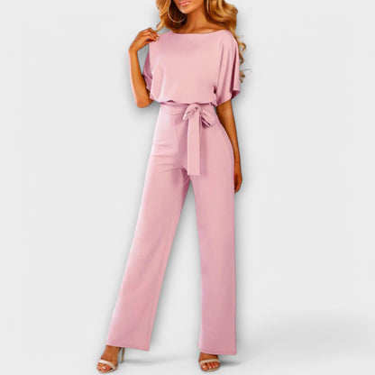 Raluca - Wijde damesjumpsuit met strikceintuur en korte mouwen