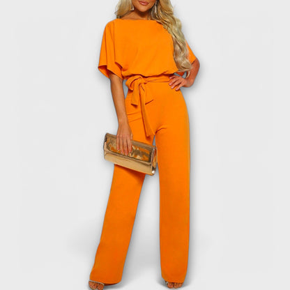 Raluca - Wijde damesjumpsuit met strikceintuur en korte mouwen