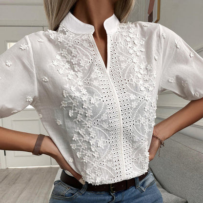 Blossom & Lace - Modieuze blouse wit kant korte mouwen