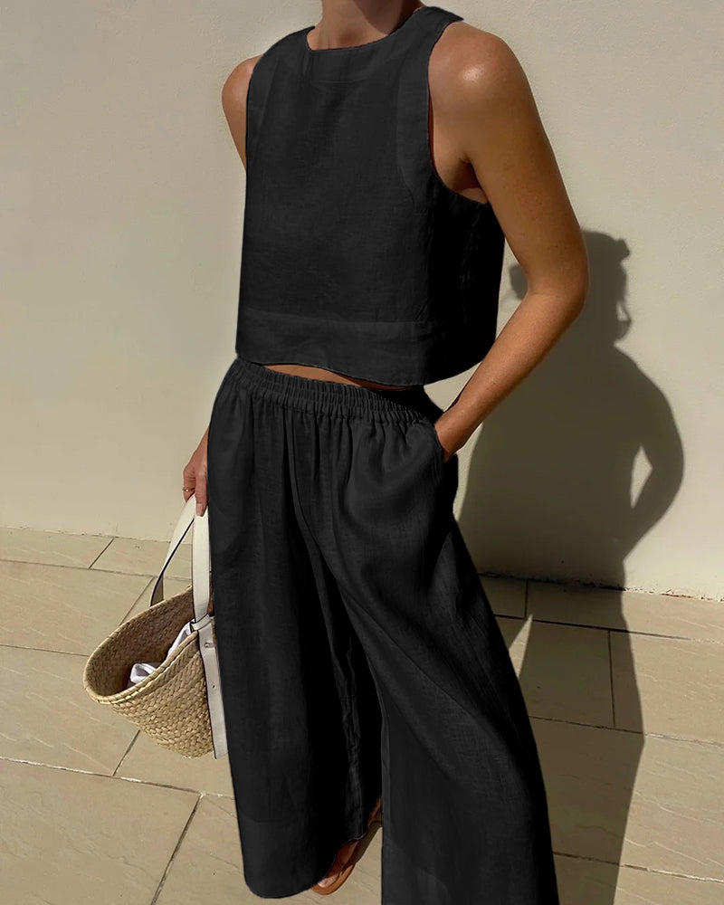Melanie - Tweedelige dames set met cropped top en wijde broek