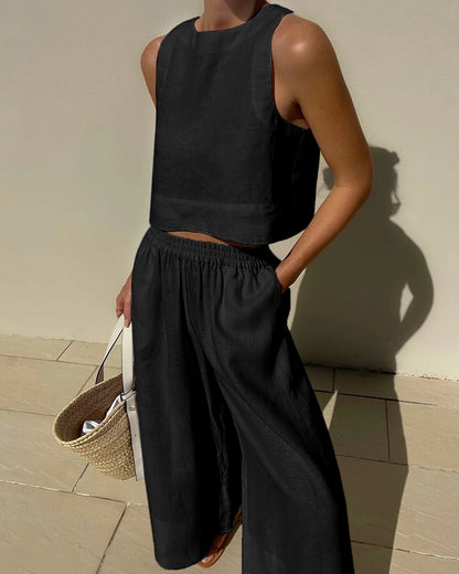 Melanie - Tweedelige dames set met cropped top en wijde broek