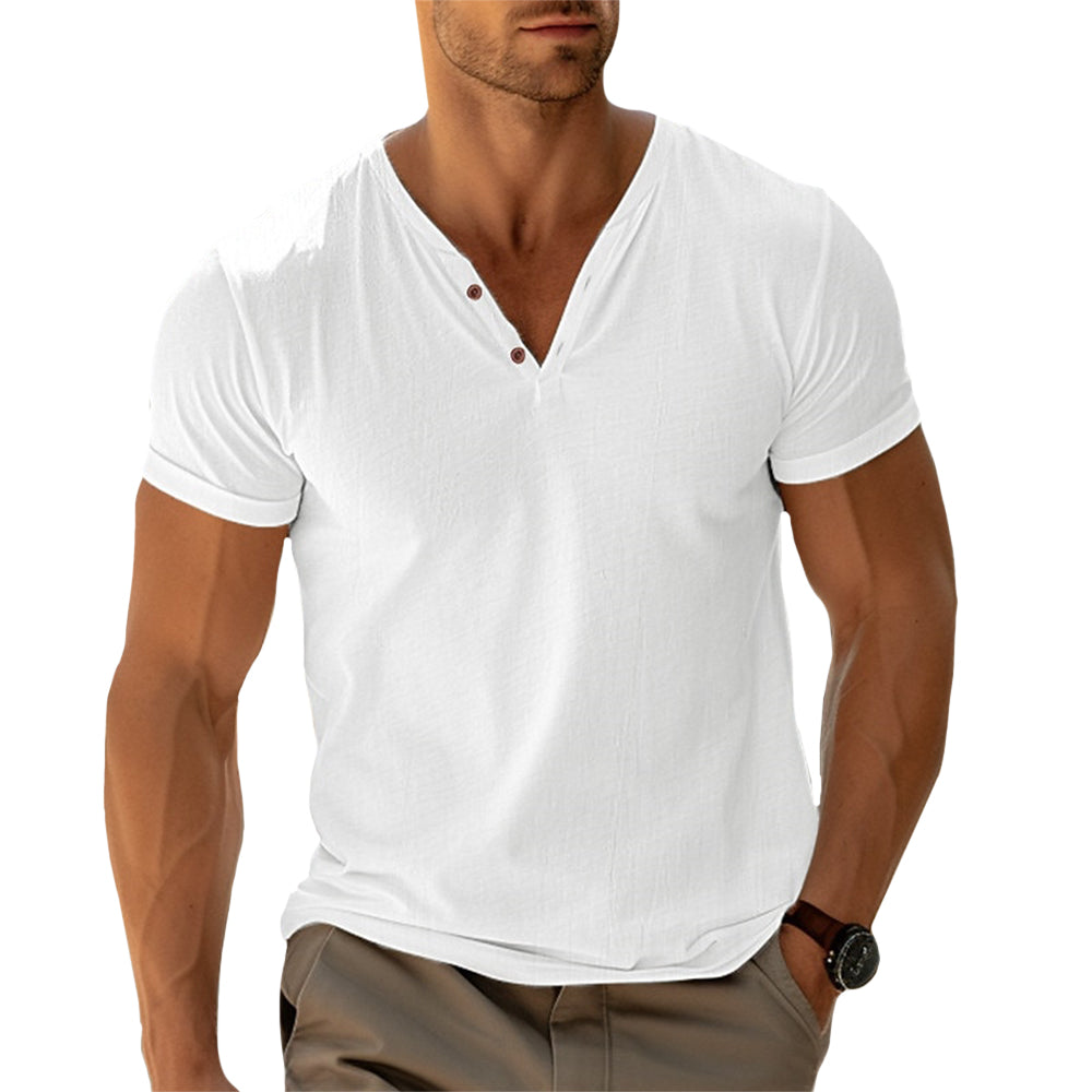 Amaury - Heren t-shirt met v-hals en knoopdetail