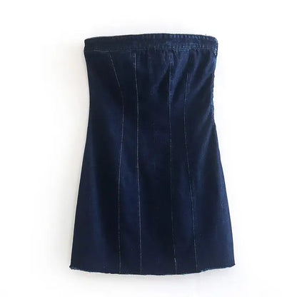Strapless bodycon denim midi jurk