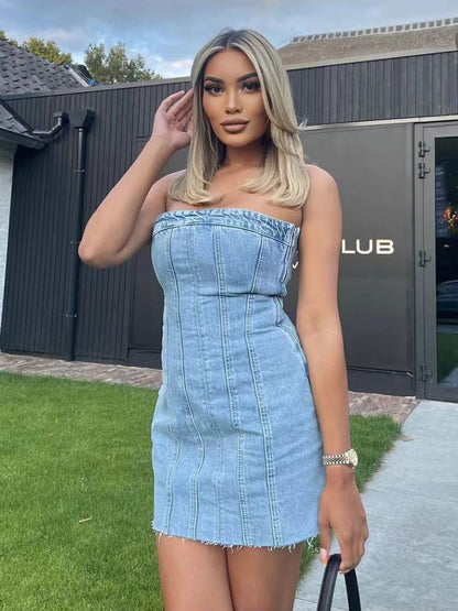 Strapless bodycon denim midi jurk