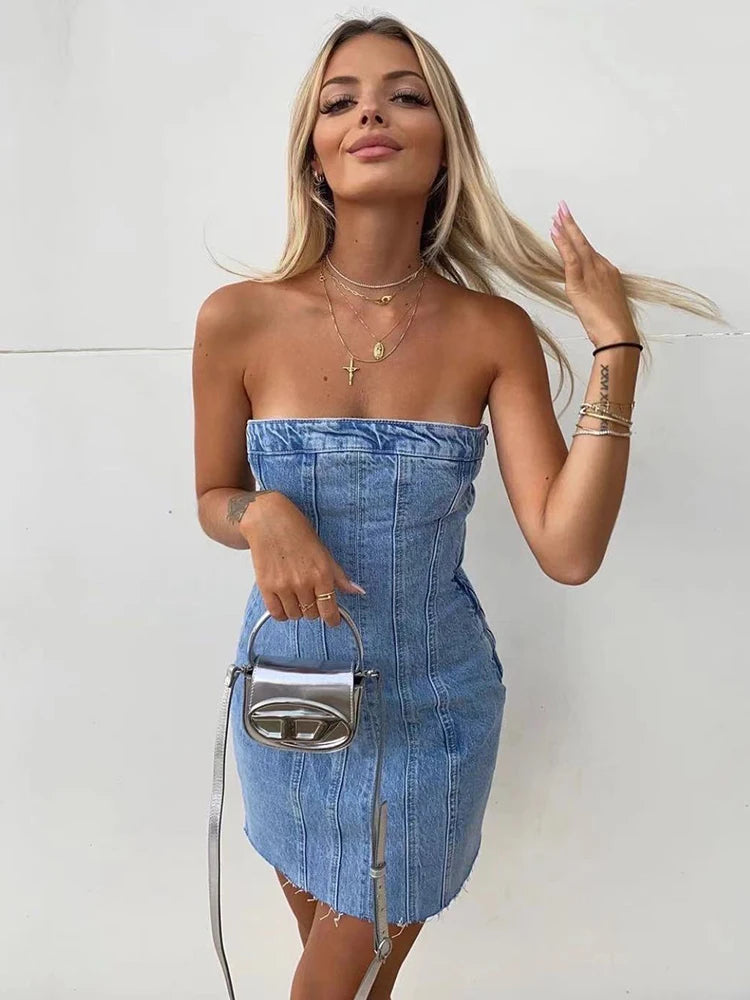 Strapless bodycon denim midi jurk