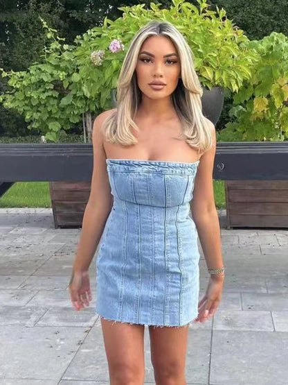 Strapless bodycon denim midi jurk