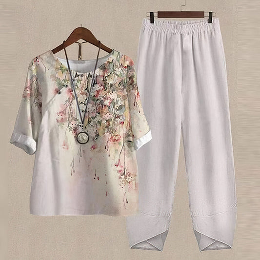 Elzbieta - Dames set met bloemige top en rechte broek