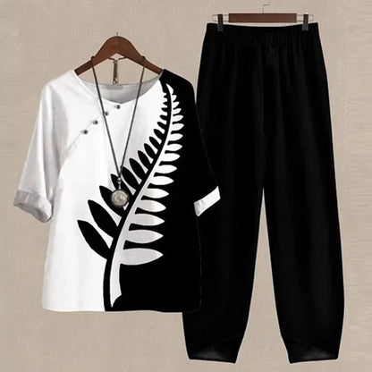 Elzbieta - Dames set met bloemige top en rechte broek