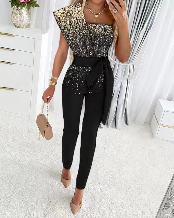 Danique – Glitter jumpsuit met asymmetrische schouder voor dames