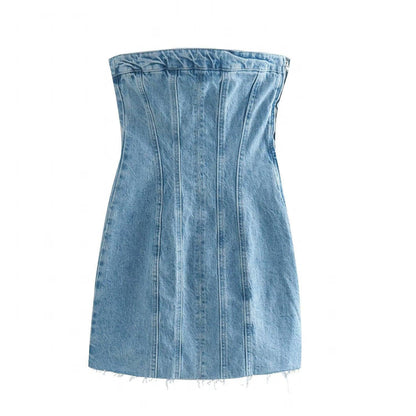 Strapless bodycon denim midi jurk