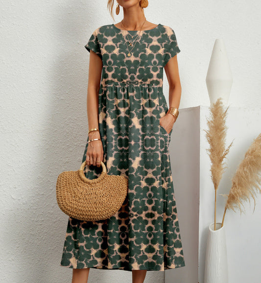 Zita - Dames midi jurk met grafische print en korte mouw