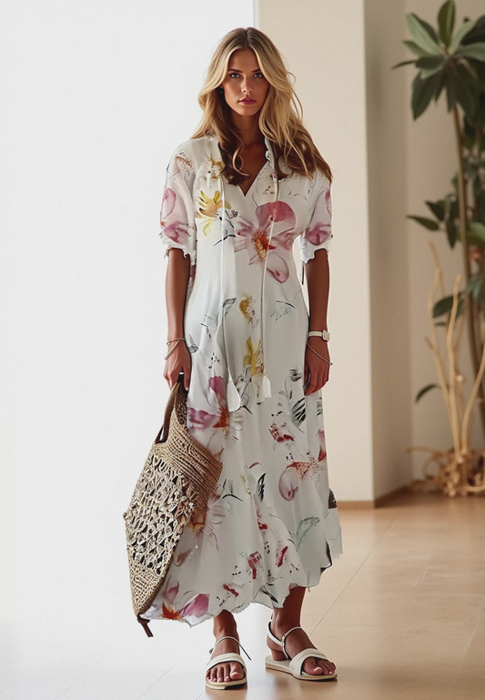 Isabella – Lange bloemenjurk met strikdetail en kraag voor dames