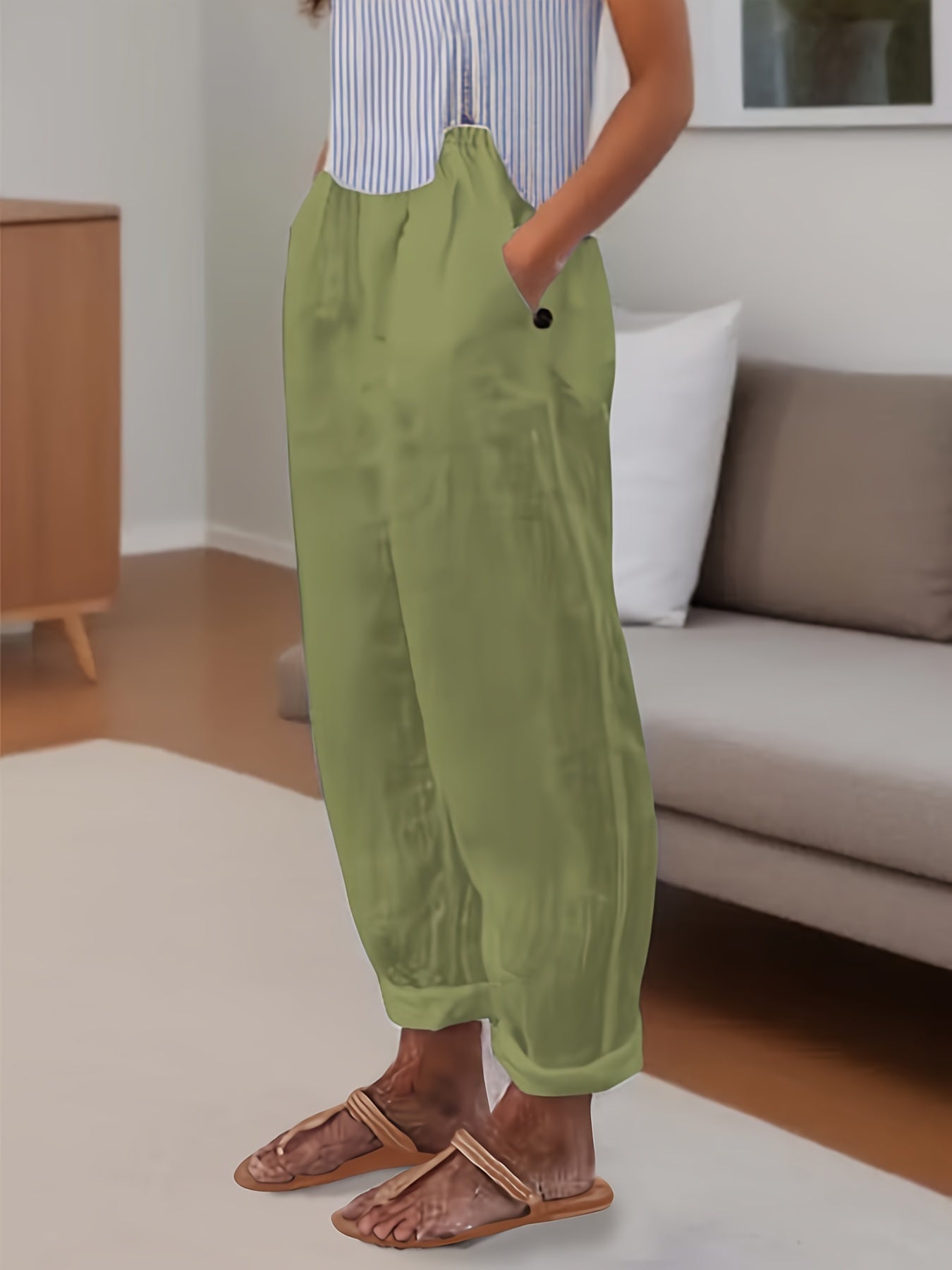Beata - Relaxed fit damesbroek met hoge taille en omslagzoom
