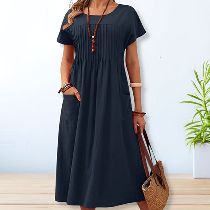 Lina – Zomerjurk met plooidetail en korte mouwen voor dames