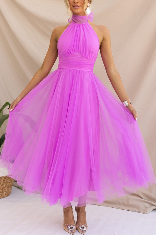 Fidelia - Halter midi jurk met volumineuze rok