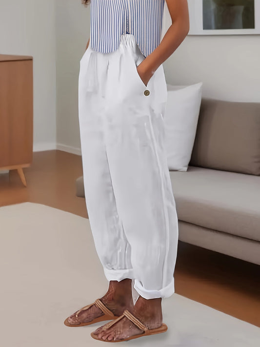 Beata - Relaxed fit damesbroek met hoge taille en omslagzoom