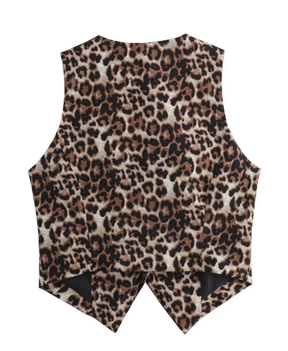 Daria - Getailleerd dames gilet met panterprint en diepe V-hals
