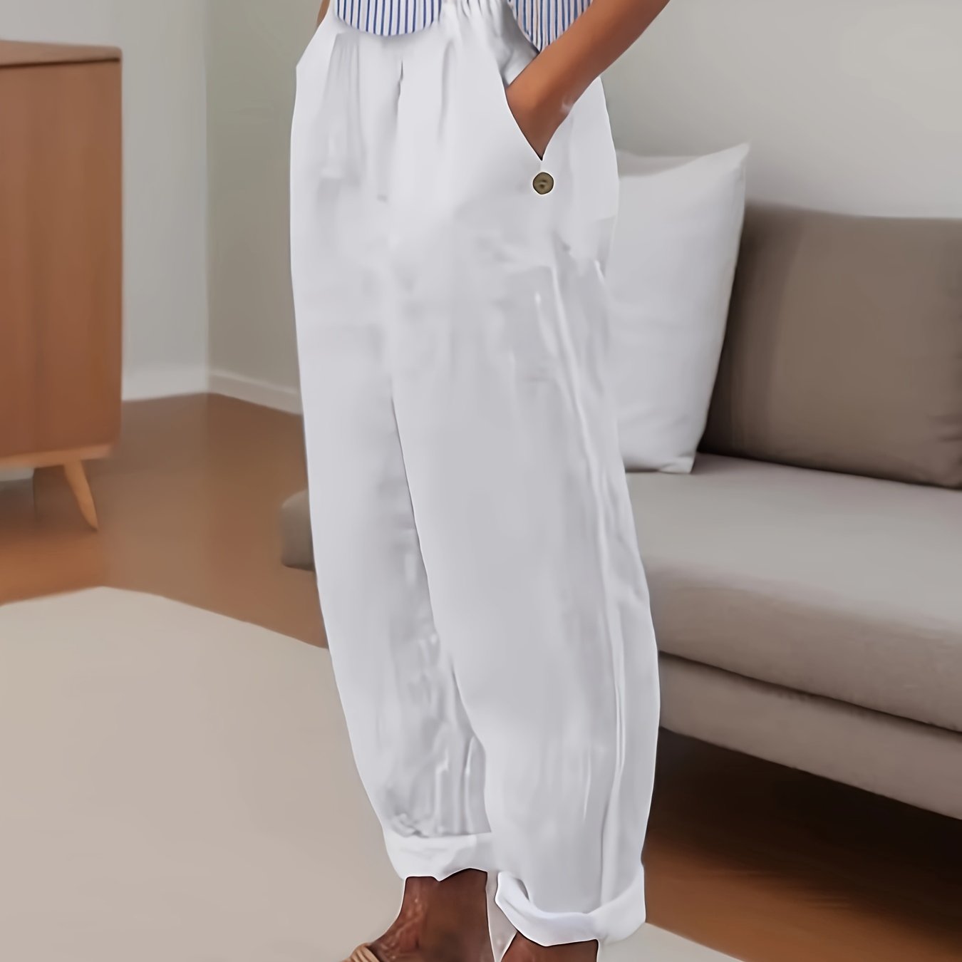 Beata - Relaxed fit damesbroek met hoge taille en omslagzoom