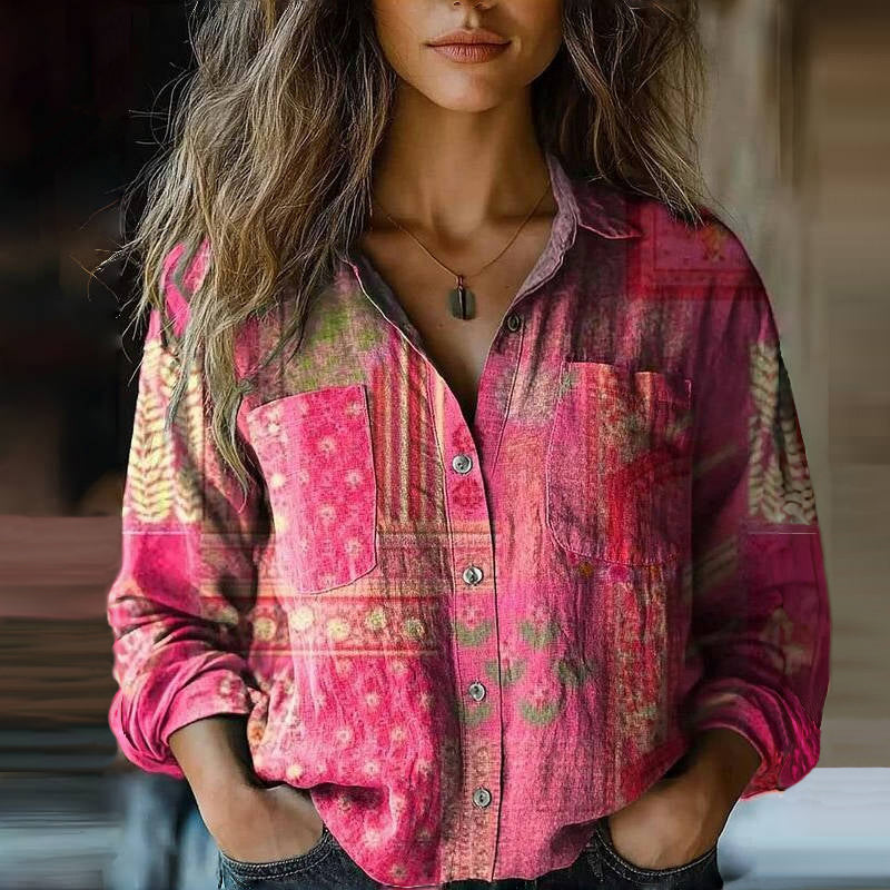 Eufemia - Dames blouse met knopen en folkloristische print