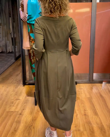 Stefania - Dames midi jurk met geplooide taille en rechte driekwartmouwen