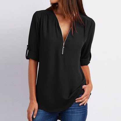 Jacquette - Dames top met halve rits en opgerolde mouwen